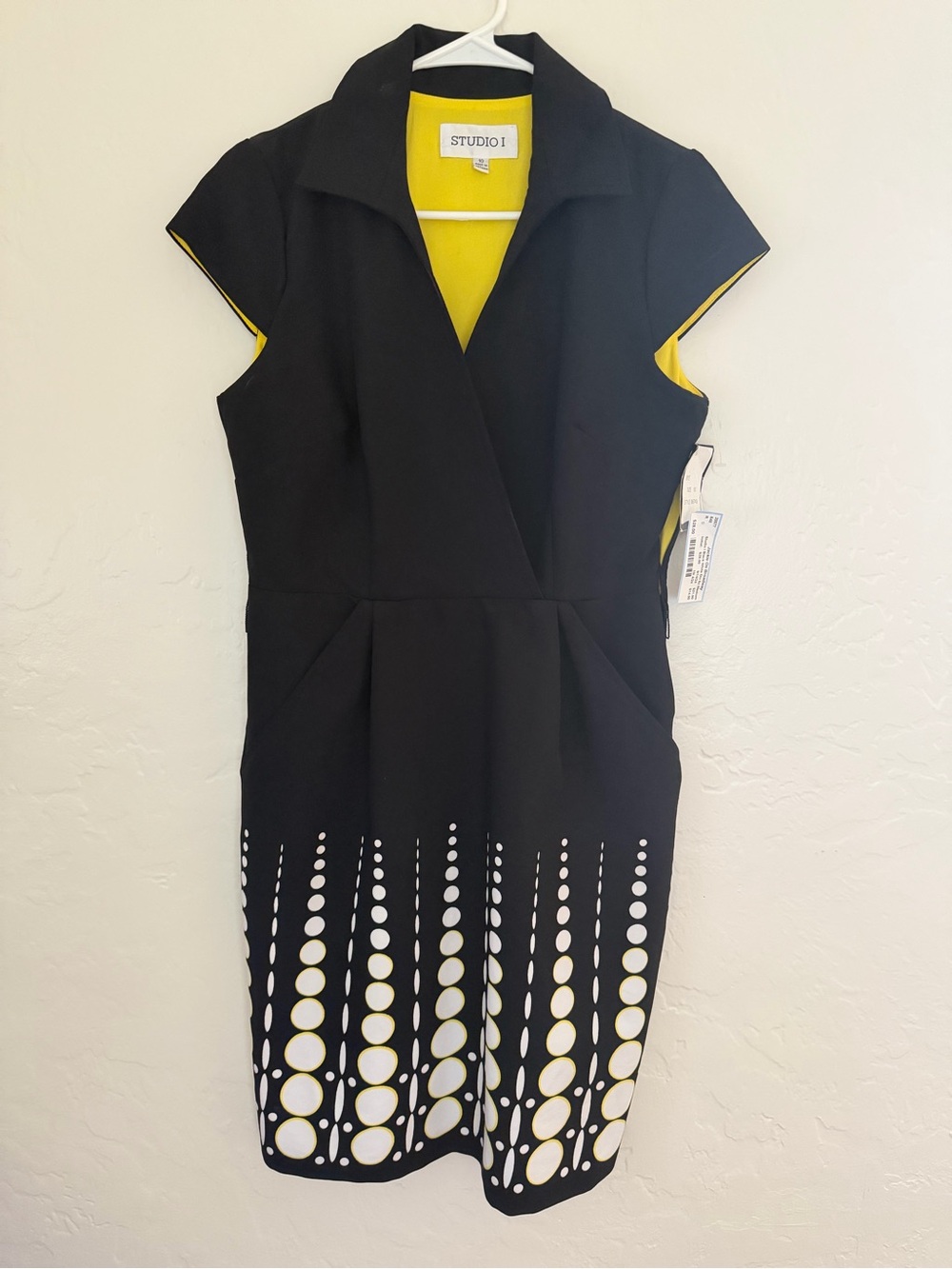 Studio I Black Dress with Yellow Lining and White Dot Detail